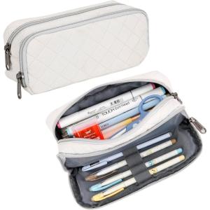 imageDella Gao Pencil Case Large Capacity Pencil Pouch Soft Quilted Pen Bag Office Stationery Organizer Sturdy Pencil Bag for Men Women  BeigeBeige