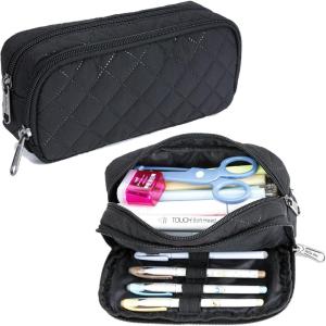 imageDella Gao Pencil Case Large Capacity Pencil Pouch Soft Quilted Pen Bag Office Stationery Organizer Sturdy Pencil Bag for Men Women  BeigeBlack Sewing
