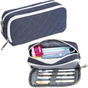 imageDella Gao Pencil Case Large Capacity Pencil Pouch Soft Quilted Pen Bag Office Stationery Organizer Sturdy Pencil Bag for Men Women  BeigeDark Blue