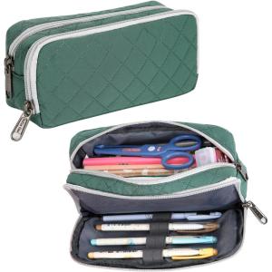 imageDella Gao Pencil Case Large Capacity Pencil Pouch Soft Quilted Pen Bag Office Stationery Organizer Sturdy Pencil Bag for Men Women  BeigeDark Green