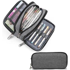 imageDella Gao Pencil Case Large Capacity Pencil Pouch Soft Quilted Pen Bag Office Stationery Organizer Sturdy Pencil Bag for Men Women  BeigeGrey WJ0013