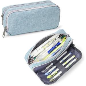 imageDella Gao Pencil Case Large Capacity Pencil Pouch Soft Quilted Pen Bag Office Stationery Organizer Sturdy Pencil Bag for Men Women  Dark GreenLight Blue