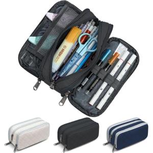 imageDella Gao Large Pencil Case Big Capacity Pencil Pouch with 3 Compartments Office Pencil Bag with Zipper Big Pen Case for AdultsBlack3BKRH