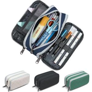 imageDella Gao Large Pencil Case Big Capacity Pencil Pouch with 3 Compartments Office Pencil Bag with Zipper Big Pen Case for AdultsDarkBlue03RH